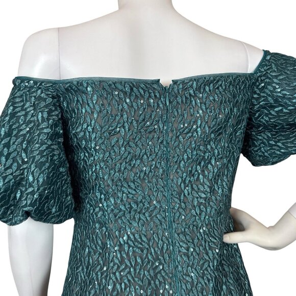 Aidan Mattox Puff Sleeve Sequined Embroidered Evening Dress Gown Teal Size 6 - Picture 4 of 9